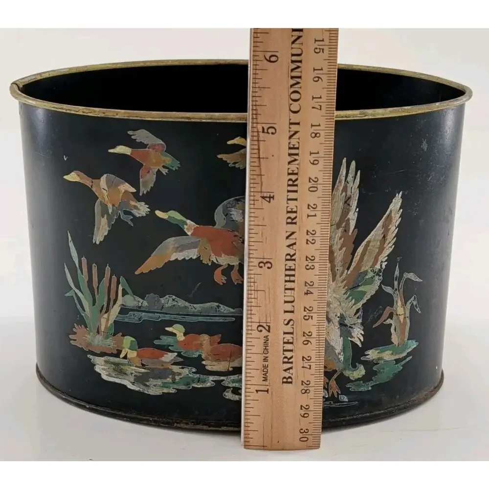 Vintage MCM Toleware Metal Desk Basket Caddy Oval Planter Mallard Duck Painting